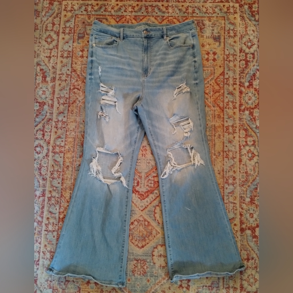 American Eagle Curvy Super-High Flare Light Wash Distressed Jeans